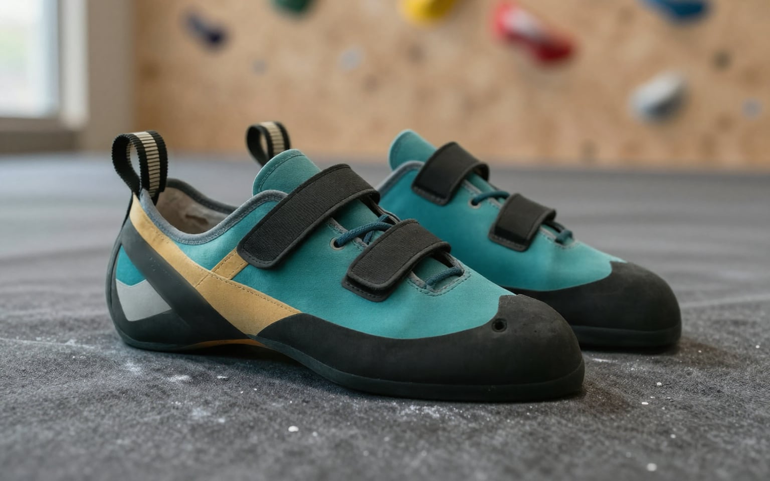 The clean pair of climbing shoes: rubber rand, straps and heel free of chalk