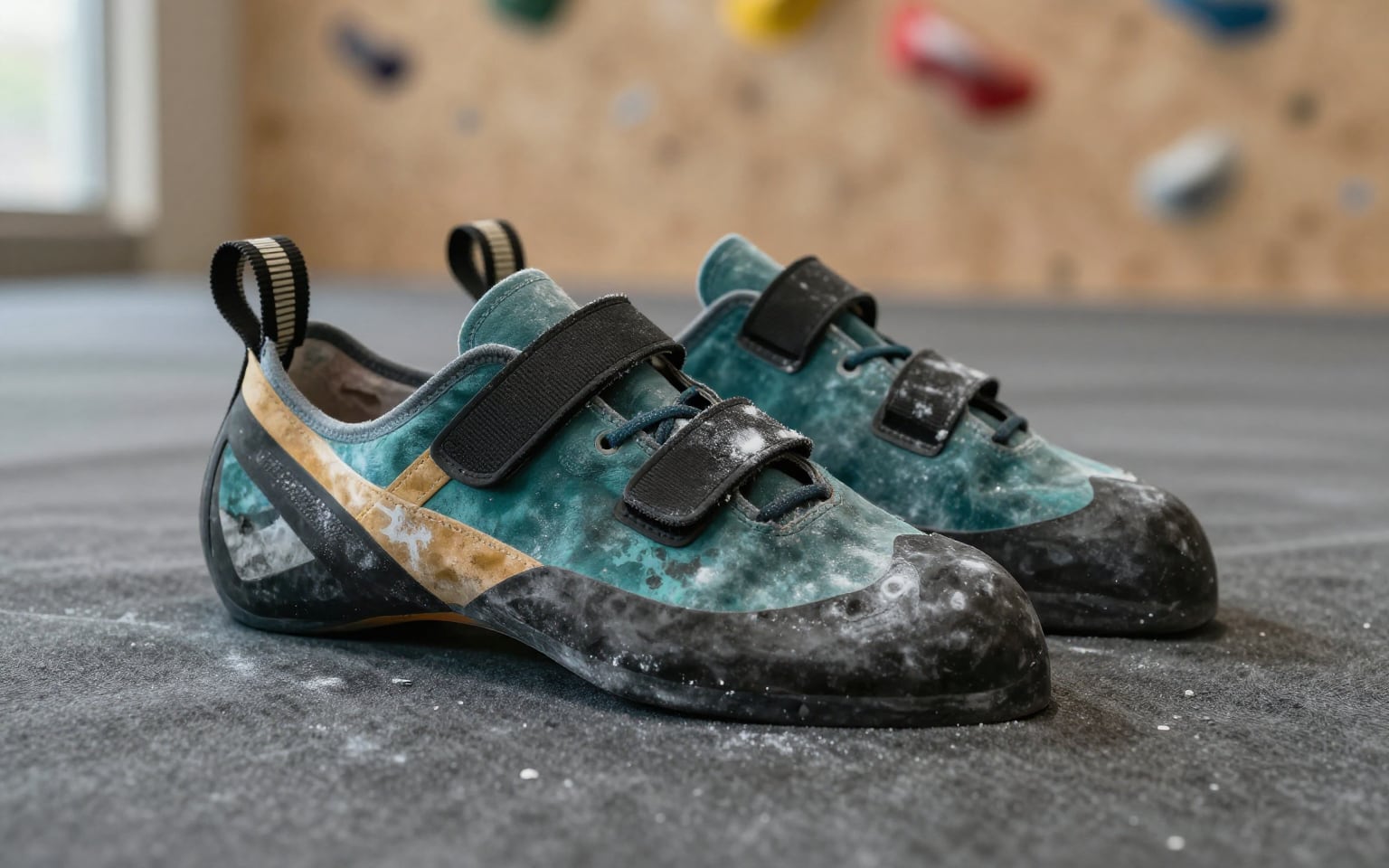 The pair after climbing: damp lining and chalk on straps, uppers and rubber