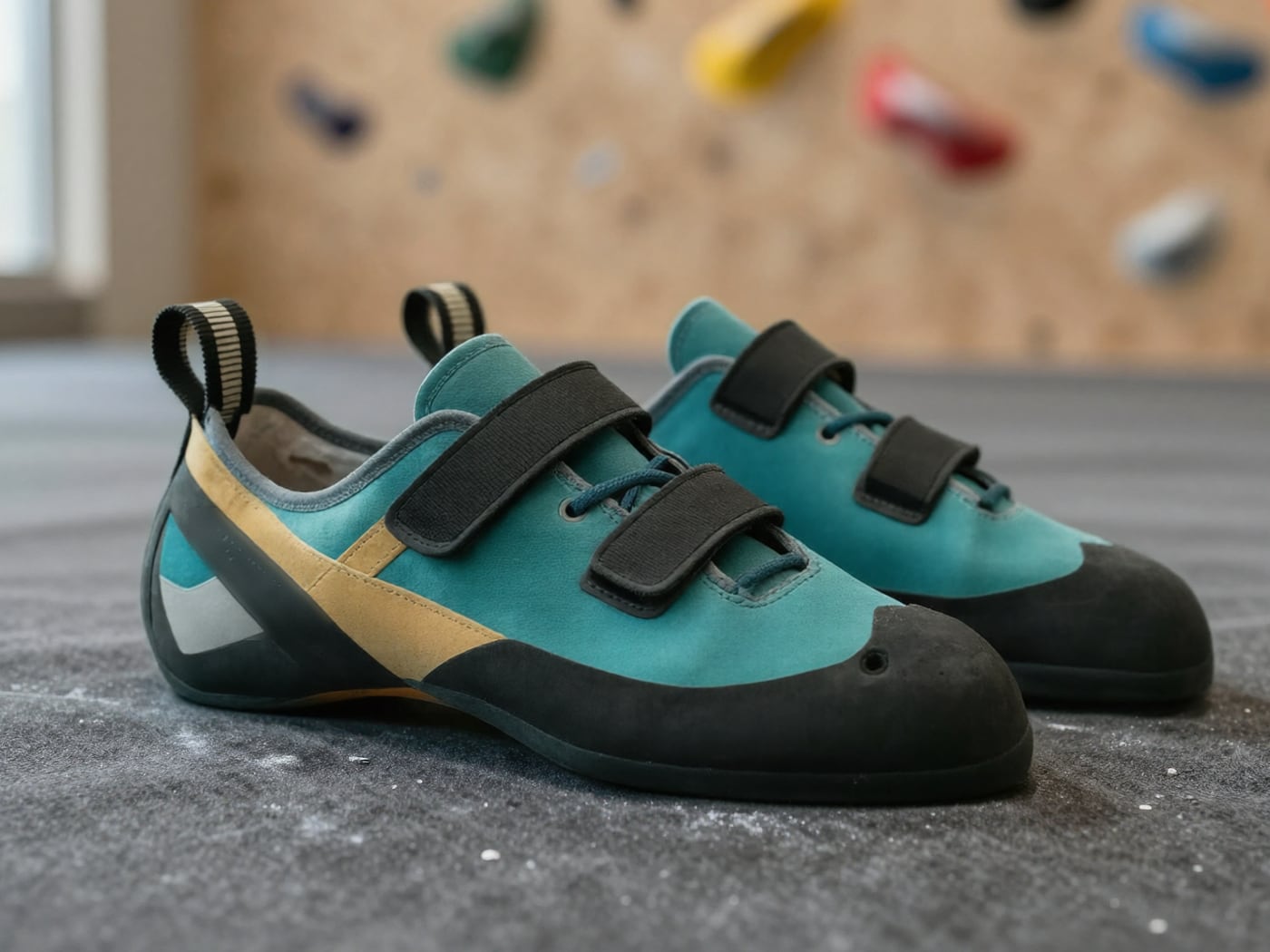 The clean pair after CleanSend, resting on the mat: teal uppers, tan panel and black rubber, no chalk left