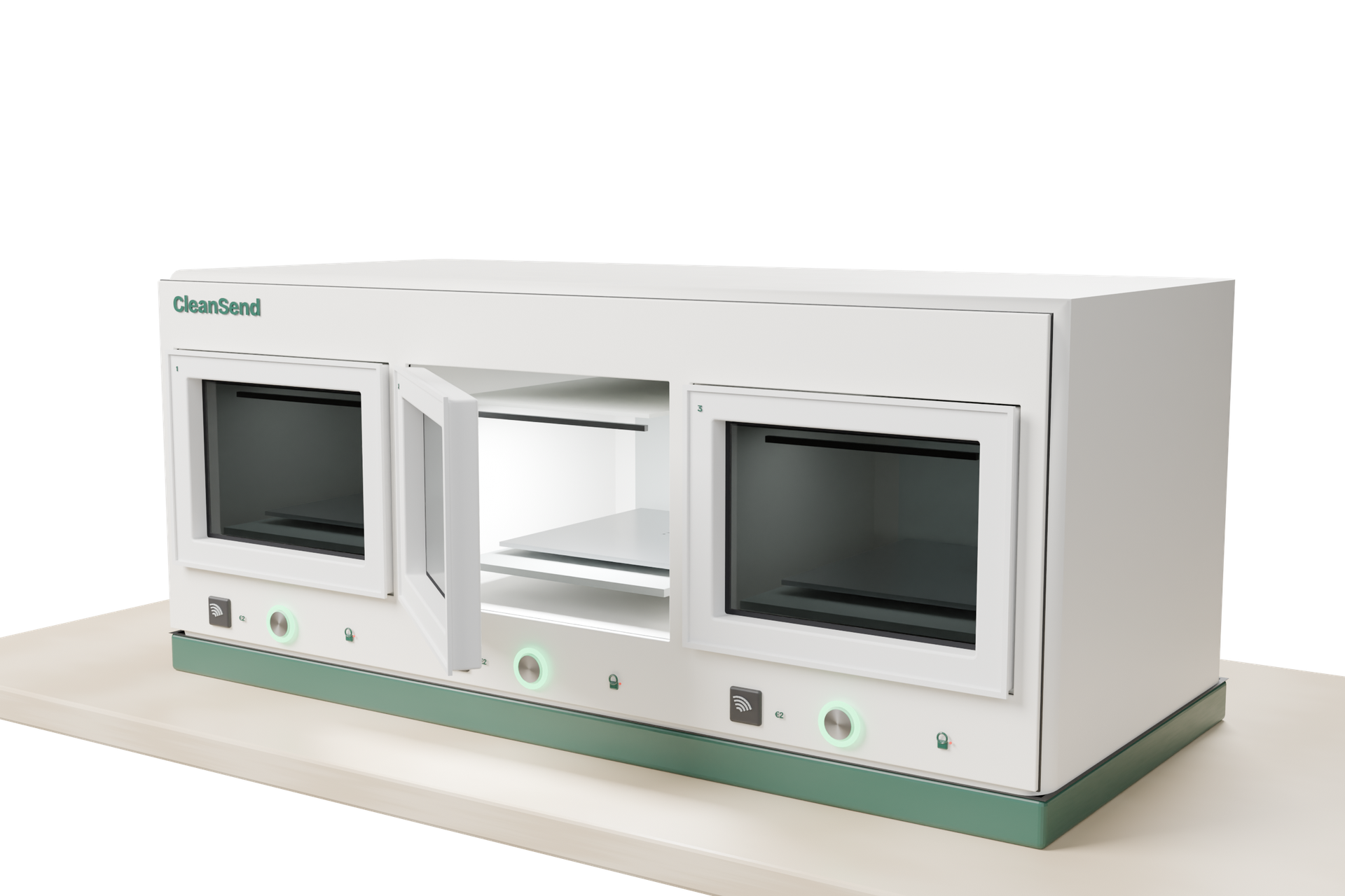 The CleanSend machine: a broad off-white countertop appliance with three glass-fronted compartments side by side, the middle door open