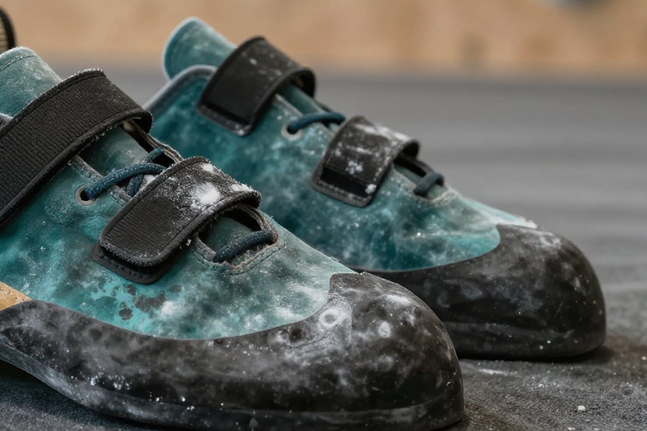 Close crop of a climbing shoe after a session: chalk caked into the toe rand and strap