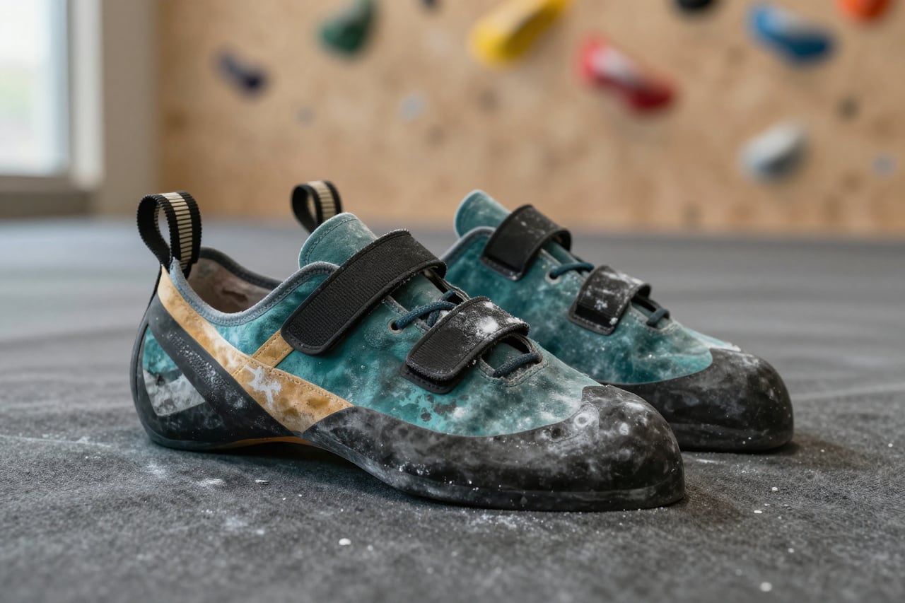 Climbing shoes after a session: damp lining, chalk on the straps and rubber