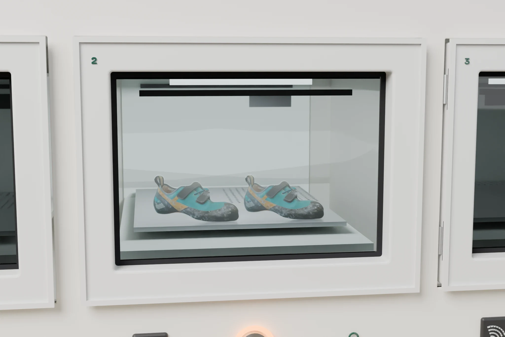 The shoes locked inside the middle compartment of the machine, halfway through the cycle: chalk cleared from the near half